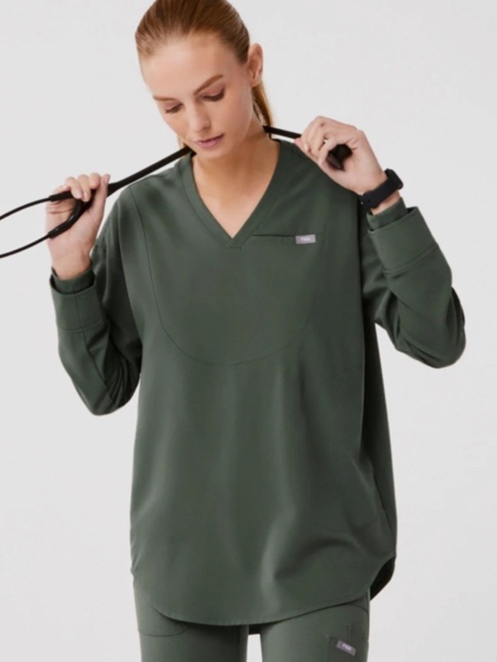 FIGS Long Sleeve V-Neck Top in MOSS
